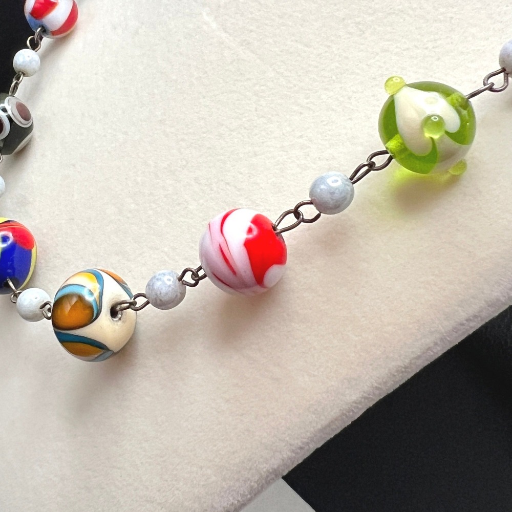 Vintage Beaded Necklace Lampwork Art Glass Multicolor Marbled 20" - Picture 4 of 10